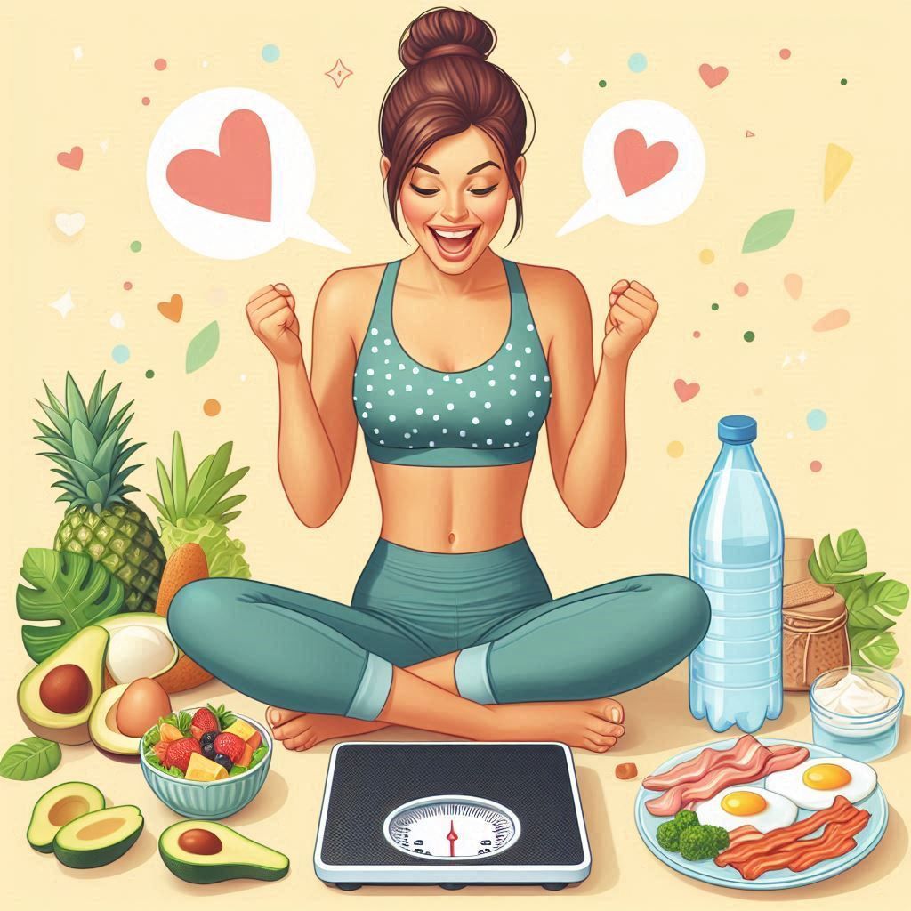 Girl measuring weights with a healthy high-protein meal