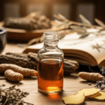 Essential oil bottle placed on a table with an assortment of herbs and spices, highlighting aromatic elements.