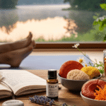 A woman's legs rest on a table with a book, a cup of tea, and various decorative items around her.