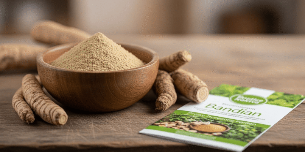 Burdock root powder in a bowl next to a book on a rustic wooden table.