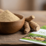 Burdock root powder in a bowl next to a book on a rustic wooden table.